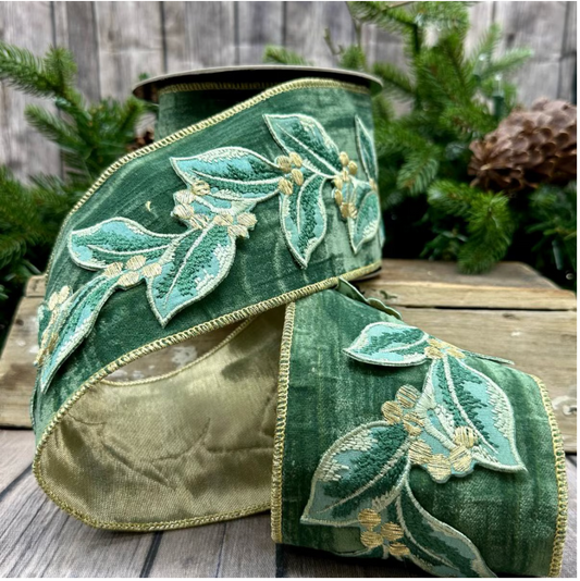 4" Velvet Embroidery Bay Leaf, Cottage Green