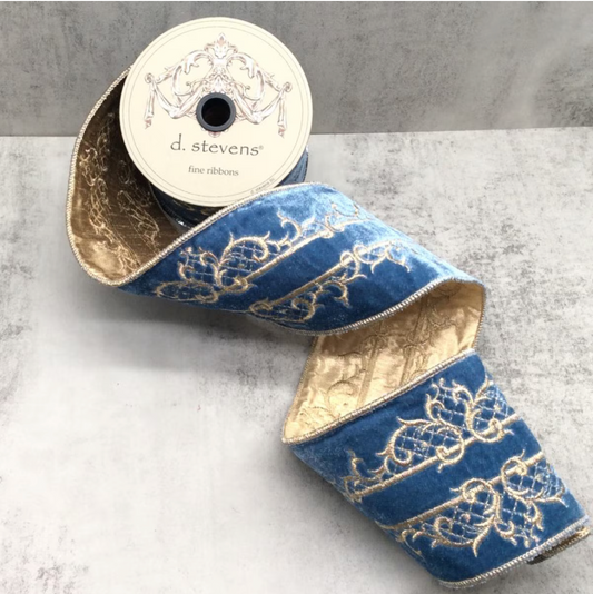 4" velvet Gold Trellis Scroll Embroidery, Dusty Blue