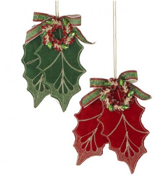 6" Fabric Holly Leaf w/ Jewel Ornament