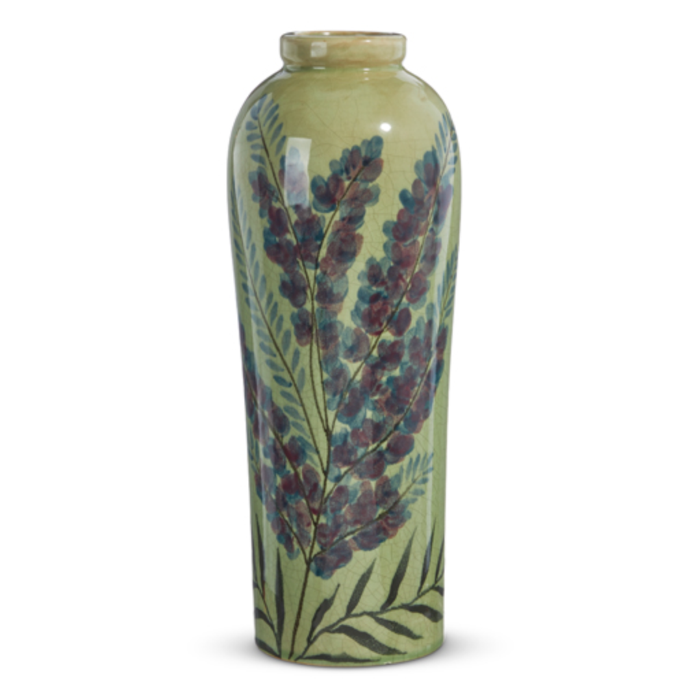 "SB" 14.5" PAINTED FLORAL GREEN VASE