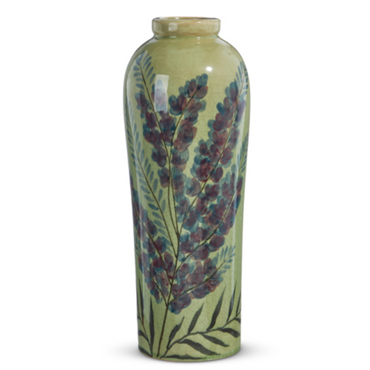 "SB" 14.5" PAINTED FLORAL GREEN VASE