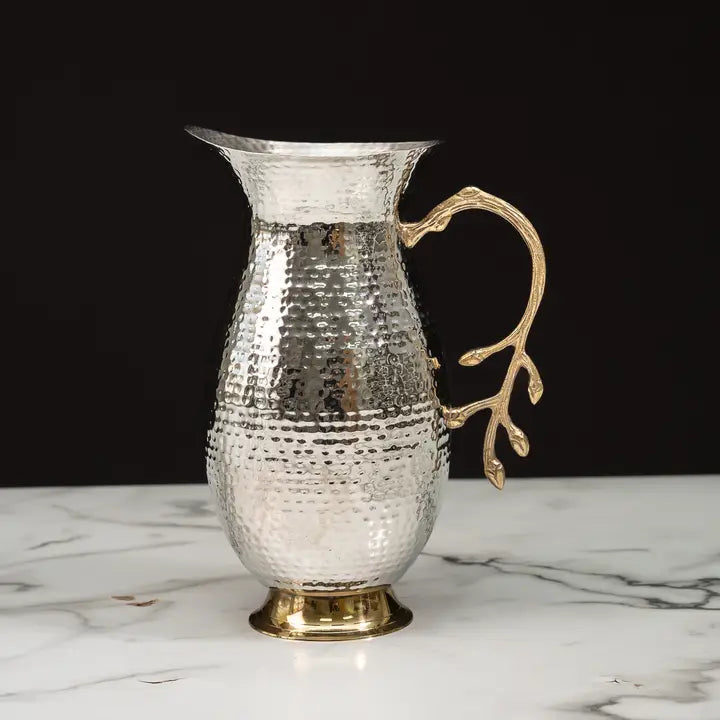 Round Hammered Stainless Steel Pitcher w/ Gold Leaf Handle