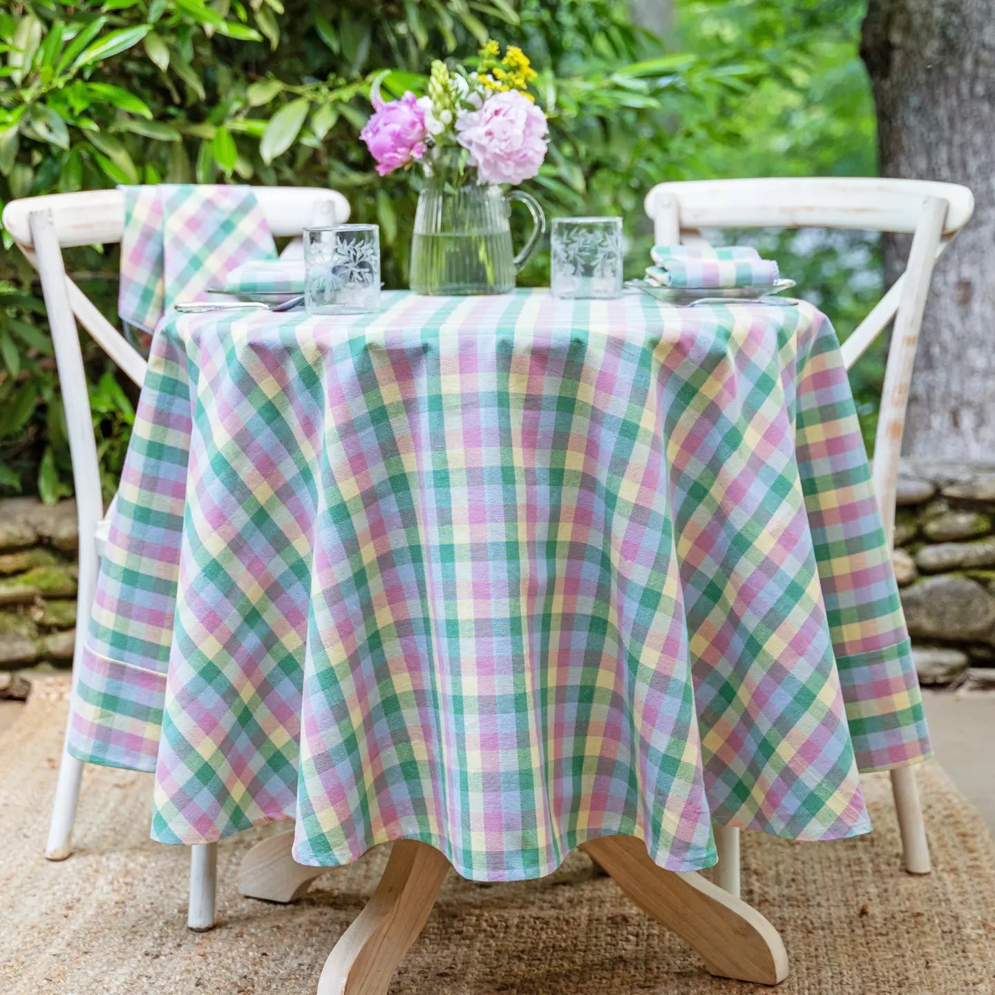 Spring Garden Plaid Round Tablecloth