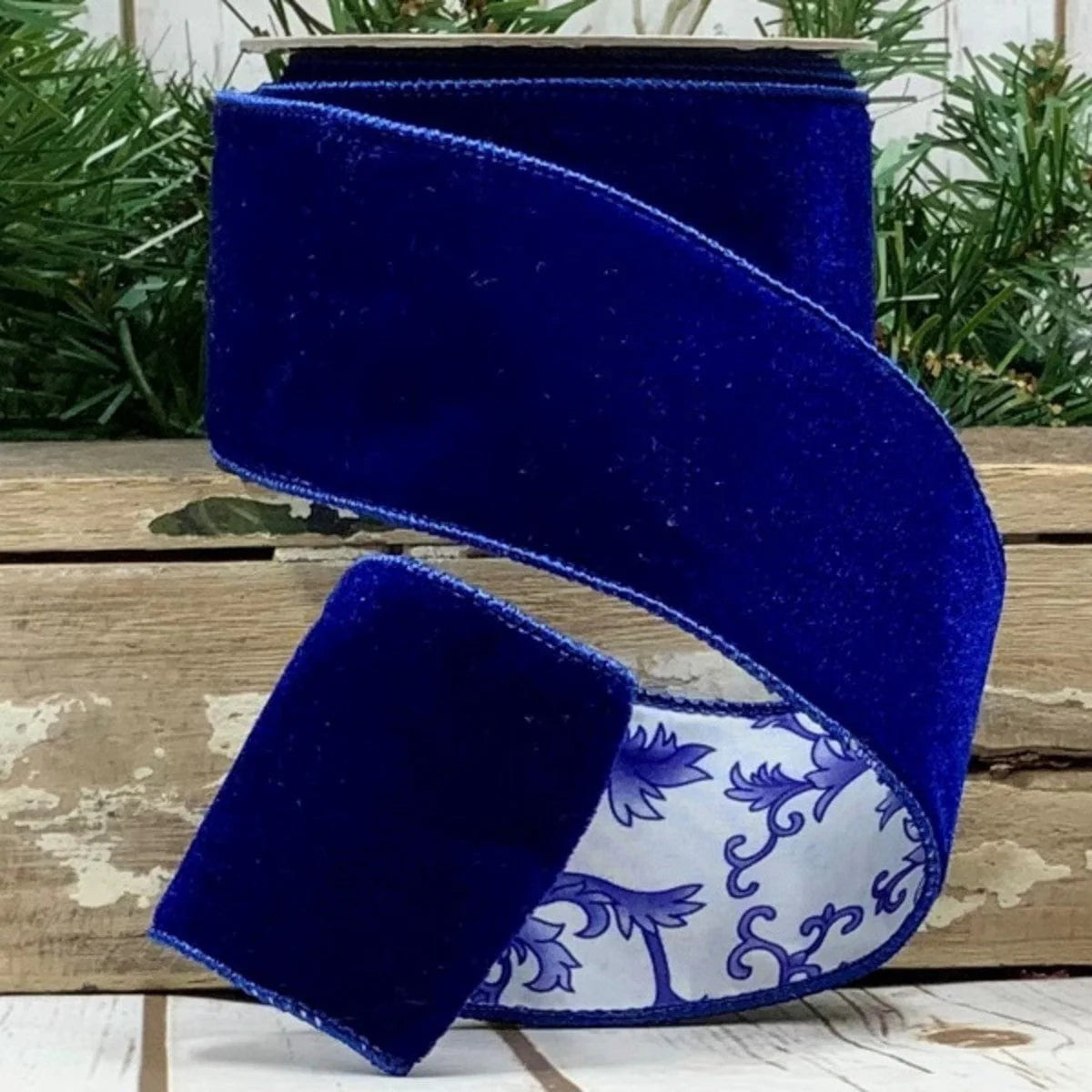 2.5"x10Y Cobalt Blue Velvet/Floral Chinoiserie Dupioni Back