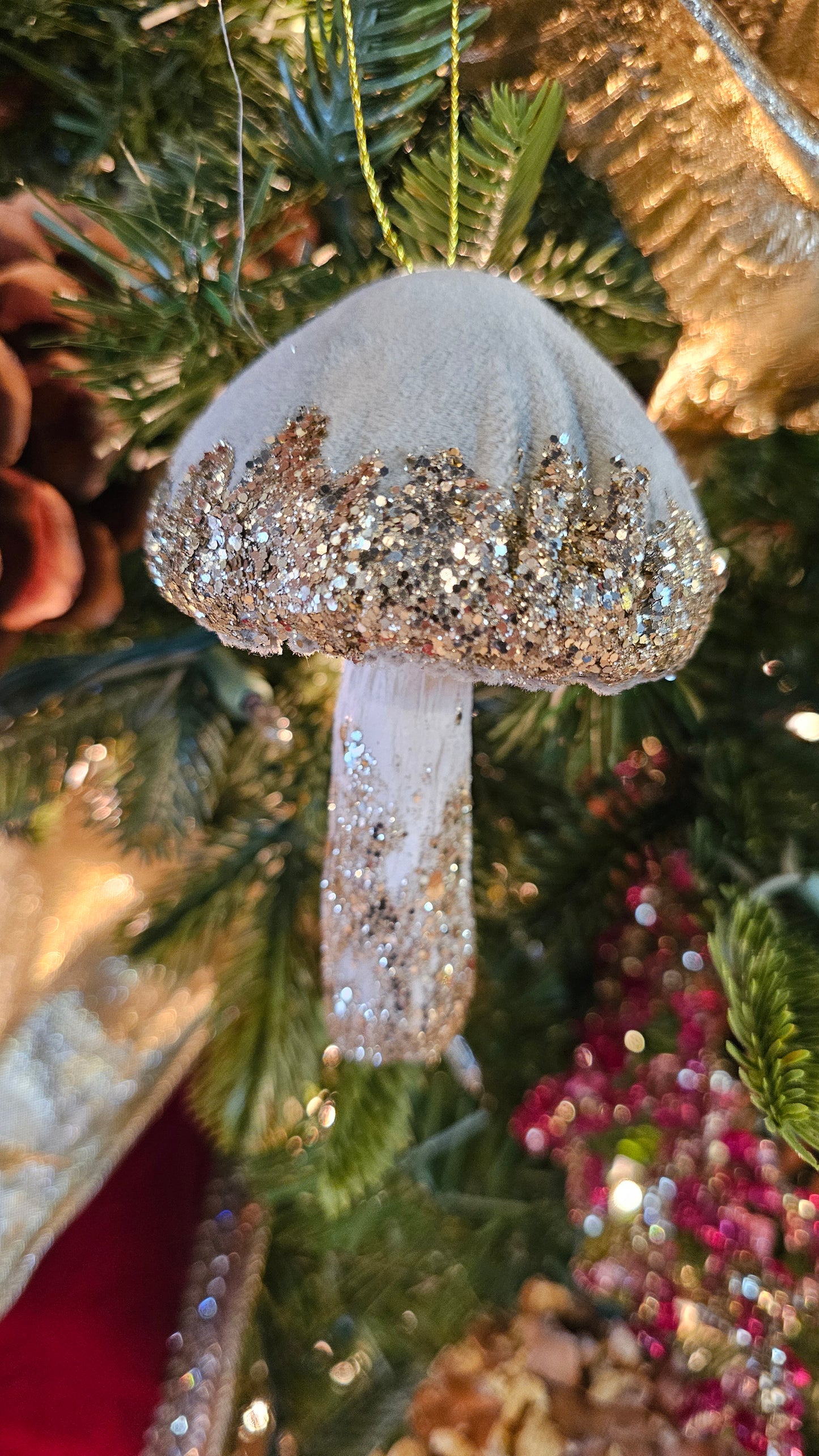 5" Velvet Mushroom Ornament- Green w/ Gold Glitter